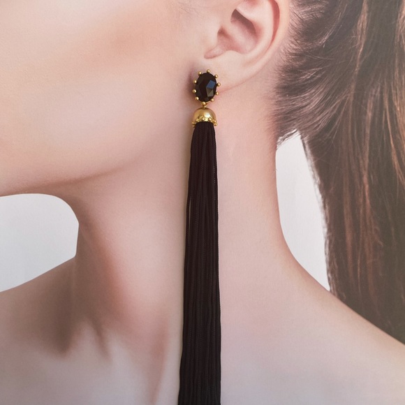 Kate Spade Flying Colors Tassel Statement Earrings 7 1/2" Black firm price - Picture 1 of 5